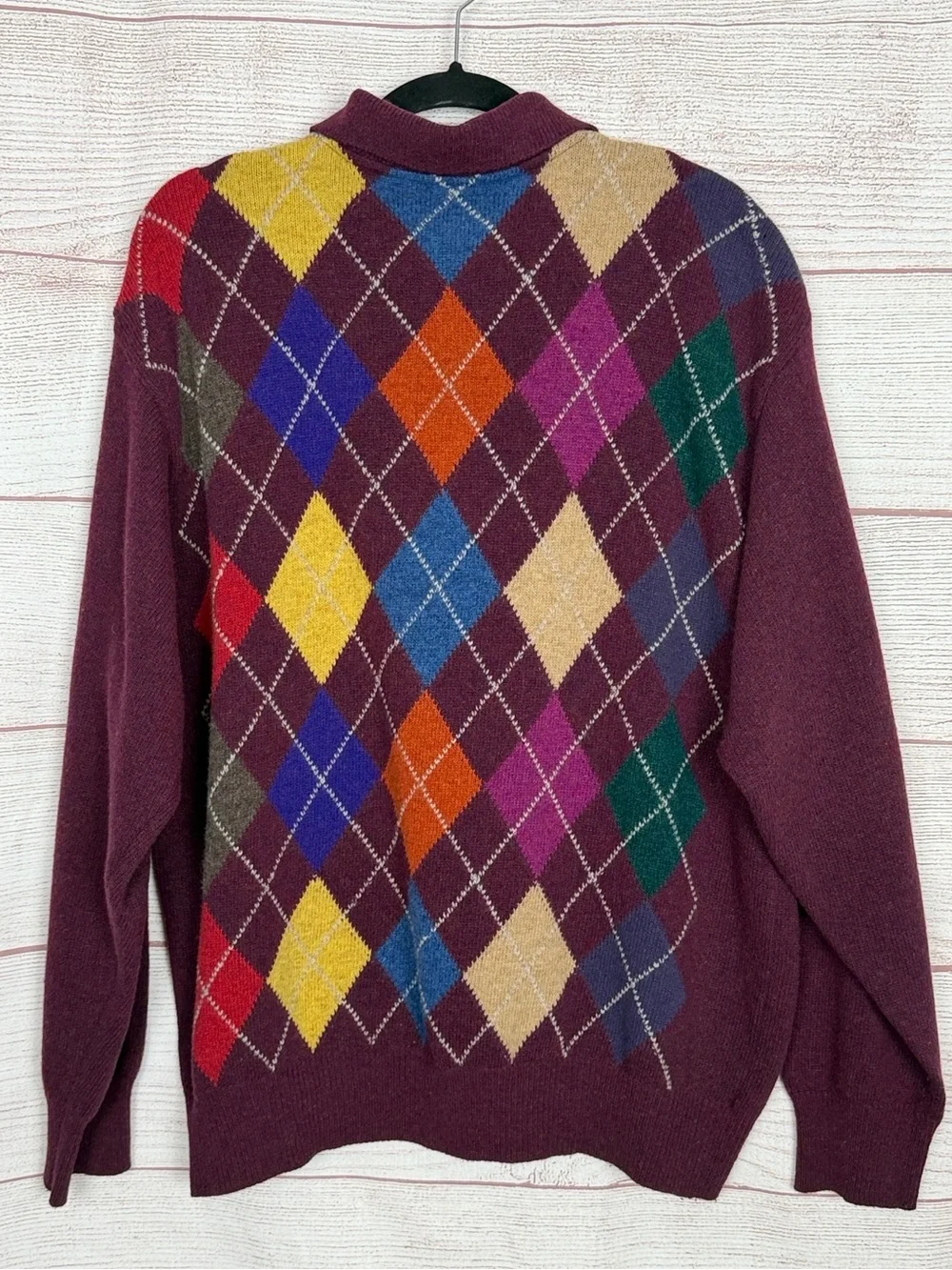 Vintage 1980s Benetton Men’s 52 /L Lambswool Argyle Polo Sweater Made in Italy